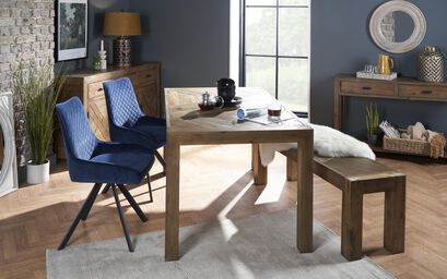Canberra 1.6m Dining Table with 2 Blue Velvet Chairs & 1.4m Bench | Canberra Furniture Range | ScS