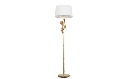 George Monkey Gold Floor Lamp with White Faux Linen Shade | Lighting | ScS
