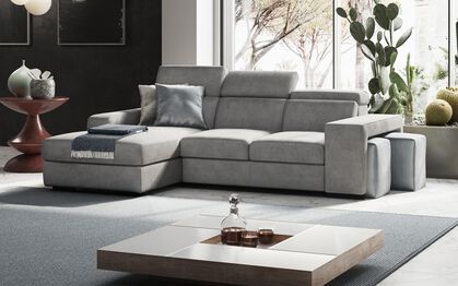 Melizzano 2 Corner 2 Sofa with Sliding Footrest, Right Hand Facing Chaise with Pockets & Ottoman | Melizzano Sofa Range | ScS
